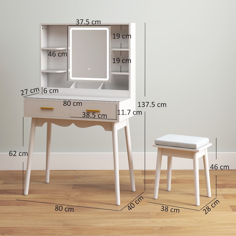 image 1 of HOMCOM Dressing Table with LED Lighted Mirror and Cushioned Stool White