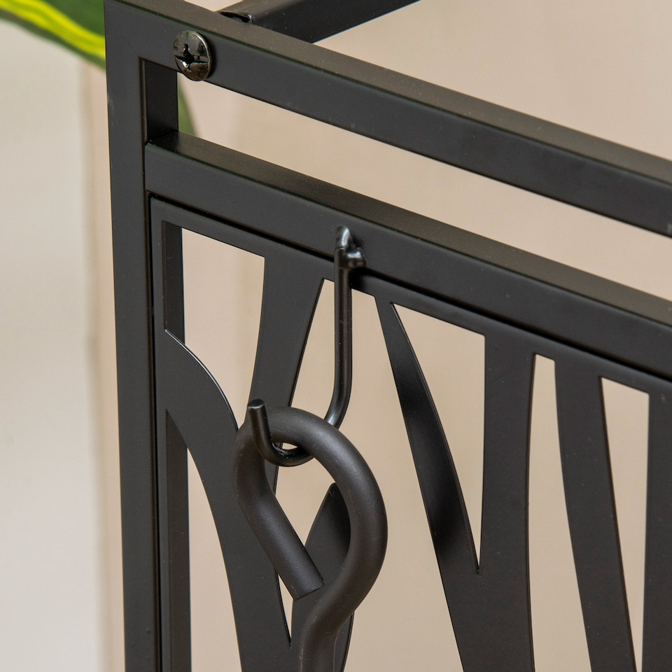 image 1 of HOMCOM Steel Firewood Log Holder Indoor Outdoor Firewood Rack Fireplace Wood Storage Shelf with 4 Tools, Hooks, Tree Pattern Design, RustResistant, Black, 46W x 30D x 70H cm