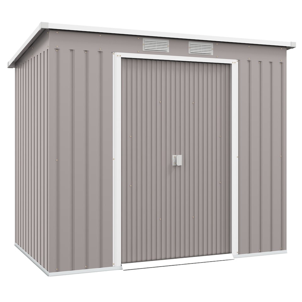 image 1 of Outsunny 7 x 4ft Lean to Garden Shed with Foundation Kit, Double Door and Vents, Outdoor Metal Storage Shed for Equipment Tools, Grey