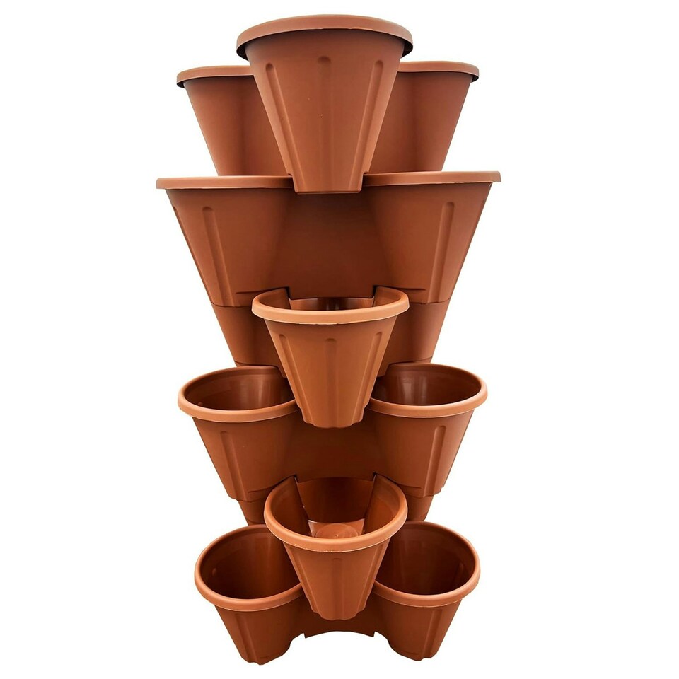 image 1 of Set Of 3 Terracotta (Trio 3 Pot) Stackable Interconnecting Outdoor Strawberry Garden Plant Pots Perfect For Patios Brown