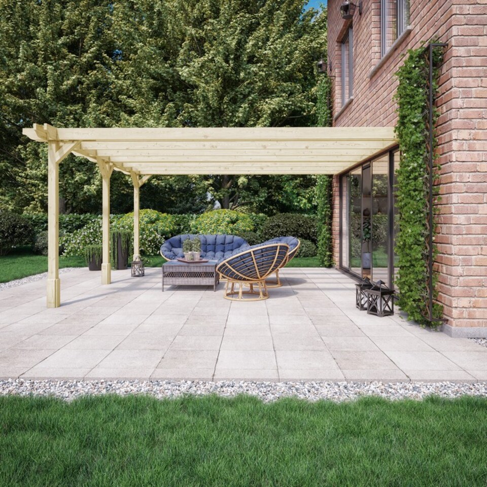 image 1 of Wall Mounted Double Premium Pergola 3 Posts - Wood - L300 x W420 x H270 cm - Light Green