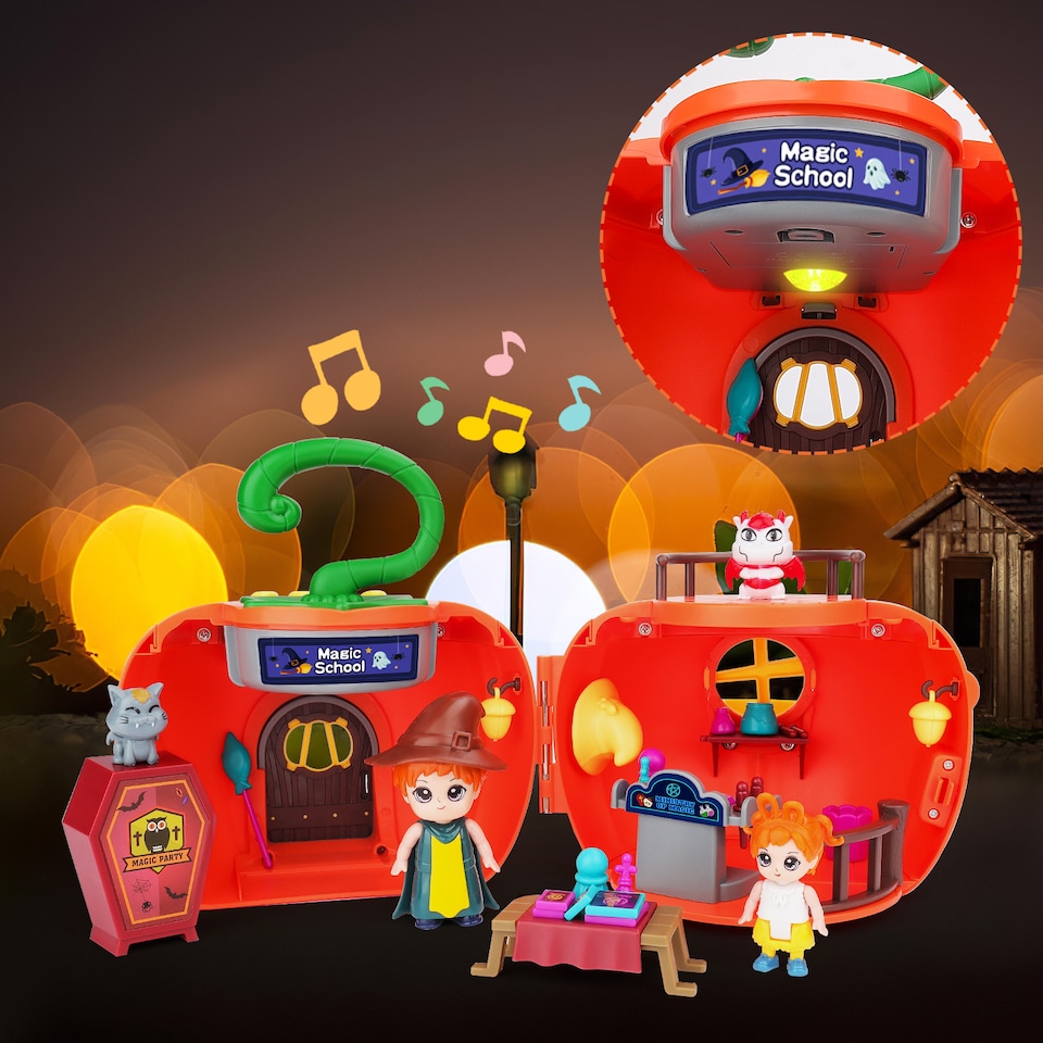 image 1 of Magic Pumpkin Doll House Playset with Characters Furniture and Classroom Accessories