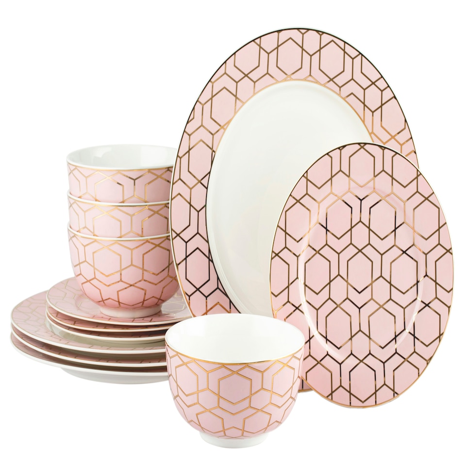image 1 of 12pc Tallulah Pink & Gold Dinner Set