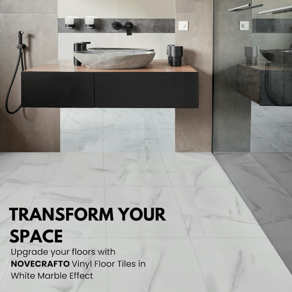 image 1 of NOVECRAFTO Vinyl Floor Tiles Self Adhesive – 18x18in Peel and Stick Waterproof Square Flooring for Kitchen, Bathroom & More – White Marble Design White | 4.17 sqm