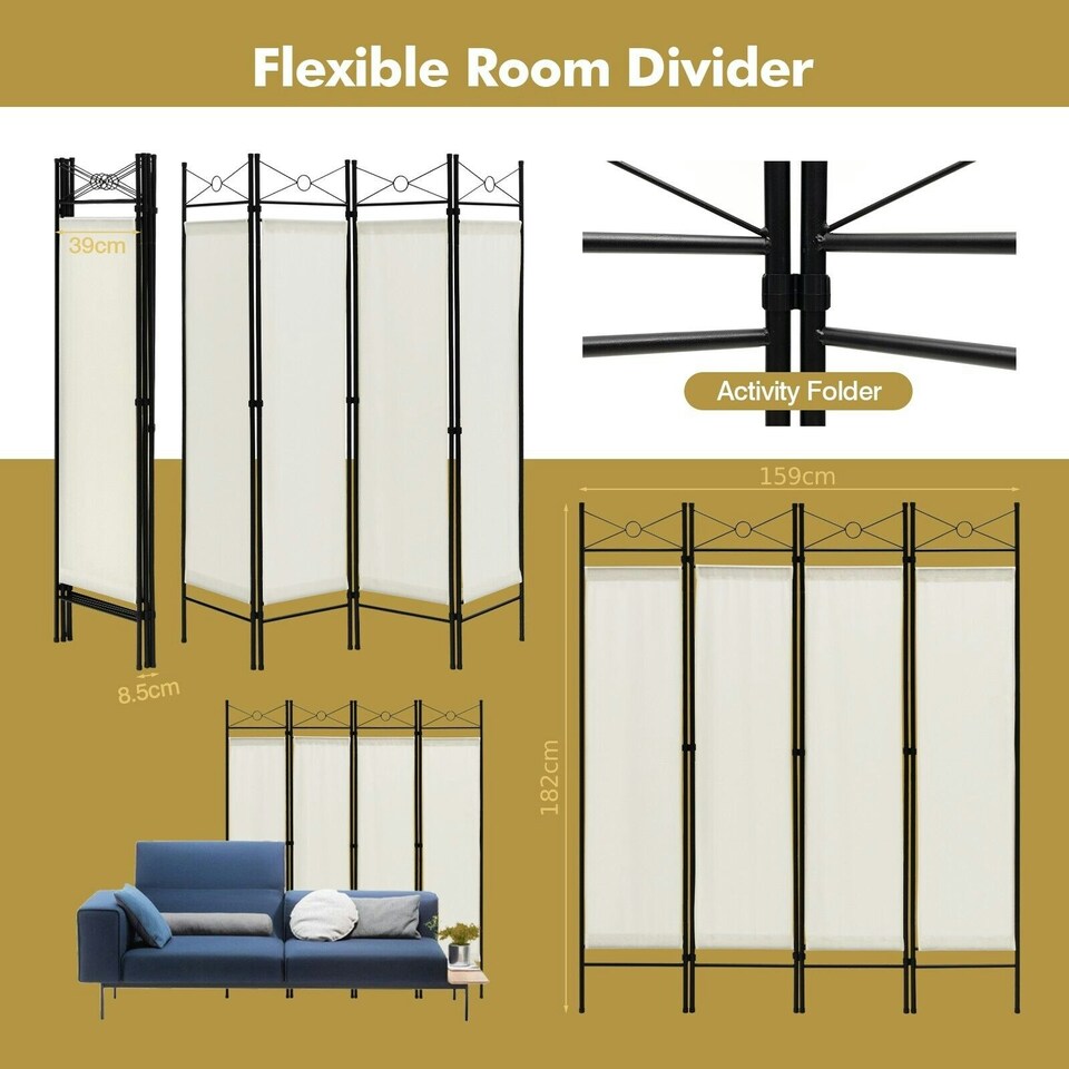 image 1 of COSTWAY 4-Panel Room Divider Folding Privacy Screen White White