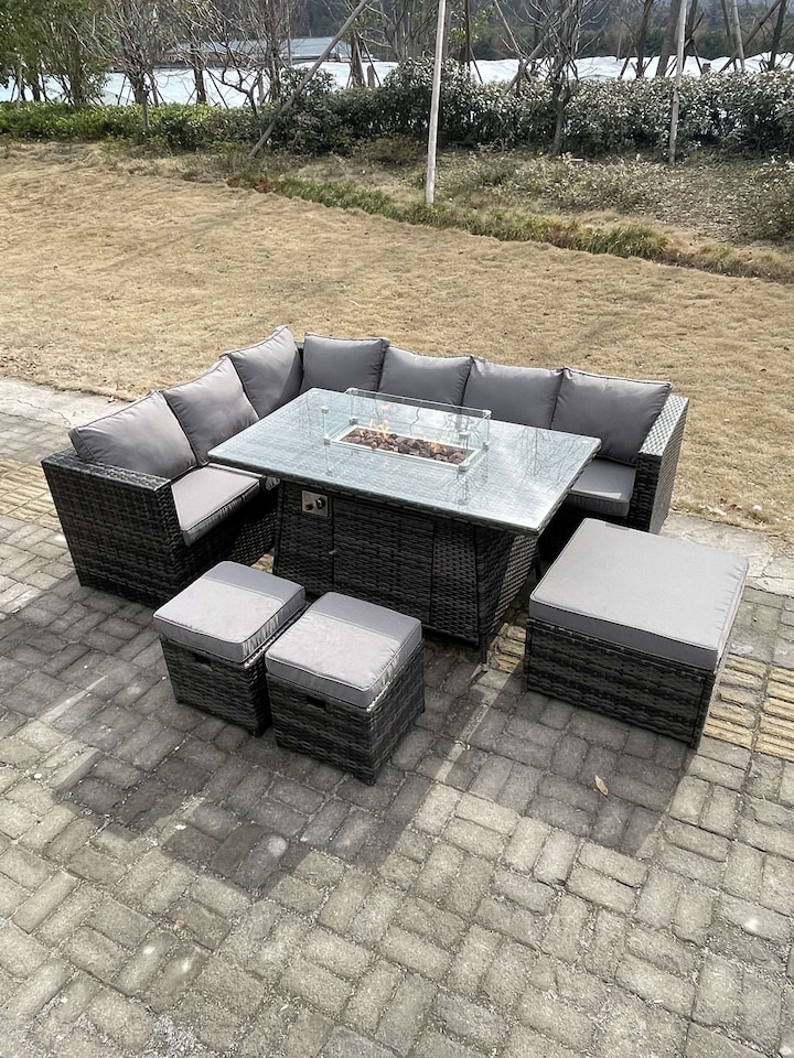 image 1 of Fimous 9 Seater Rattan Corner Sofa Set Gas Firepit Dining Table Set Patio Heater Burner With Big Footstool Dark Grey Mixed