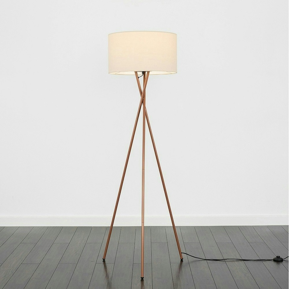 image 1 of ValueLights Camden Copper Tripod Floor Lamp with Natural Shade | Cream
