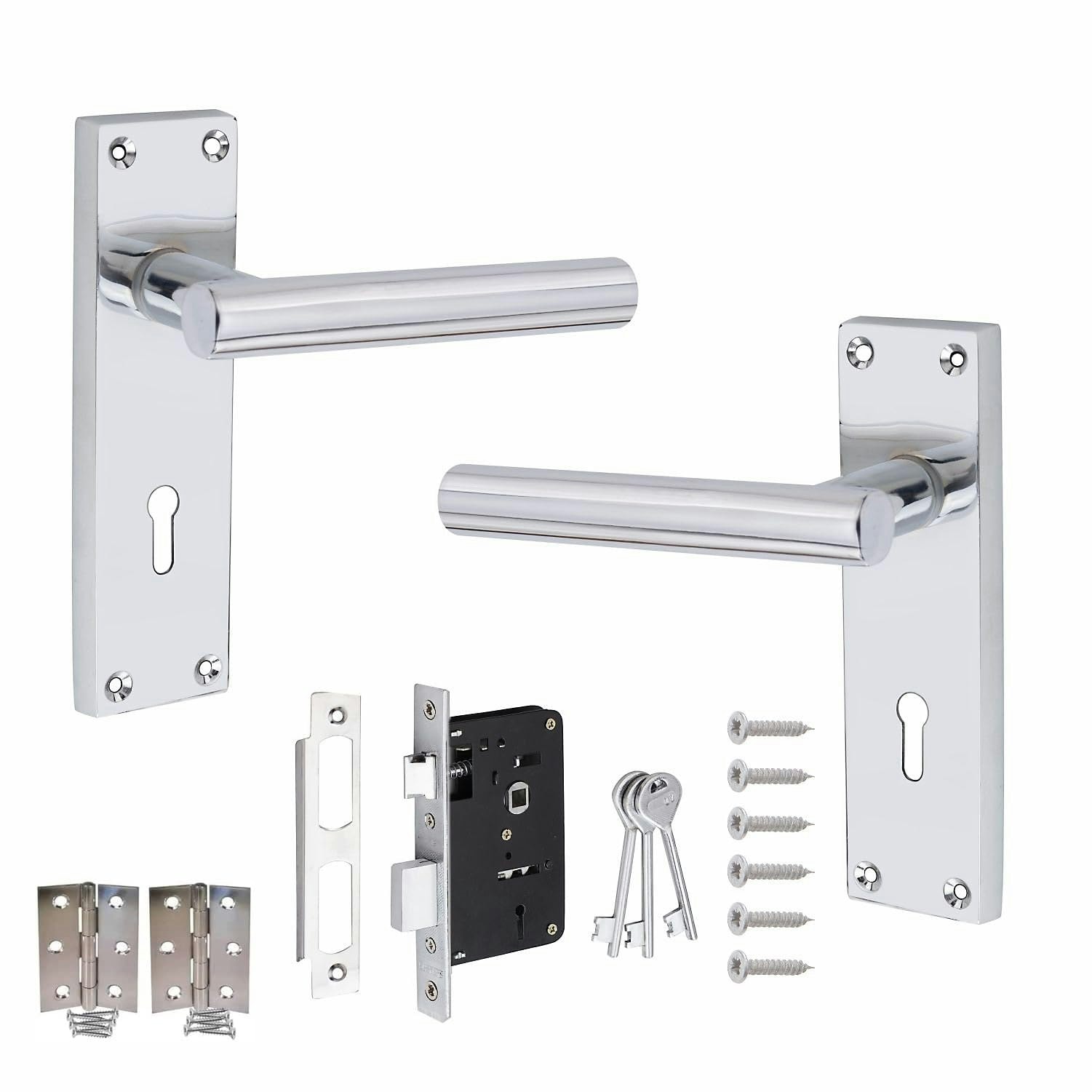 Golden Grace Victorian Straight T-Bar Door Handles Lever Lock in Polished Chrome Finish with 3 Lever Lock Set and 1 Pair of 3" Standard Butt Hinges Ch