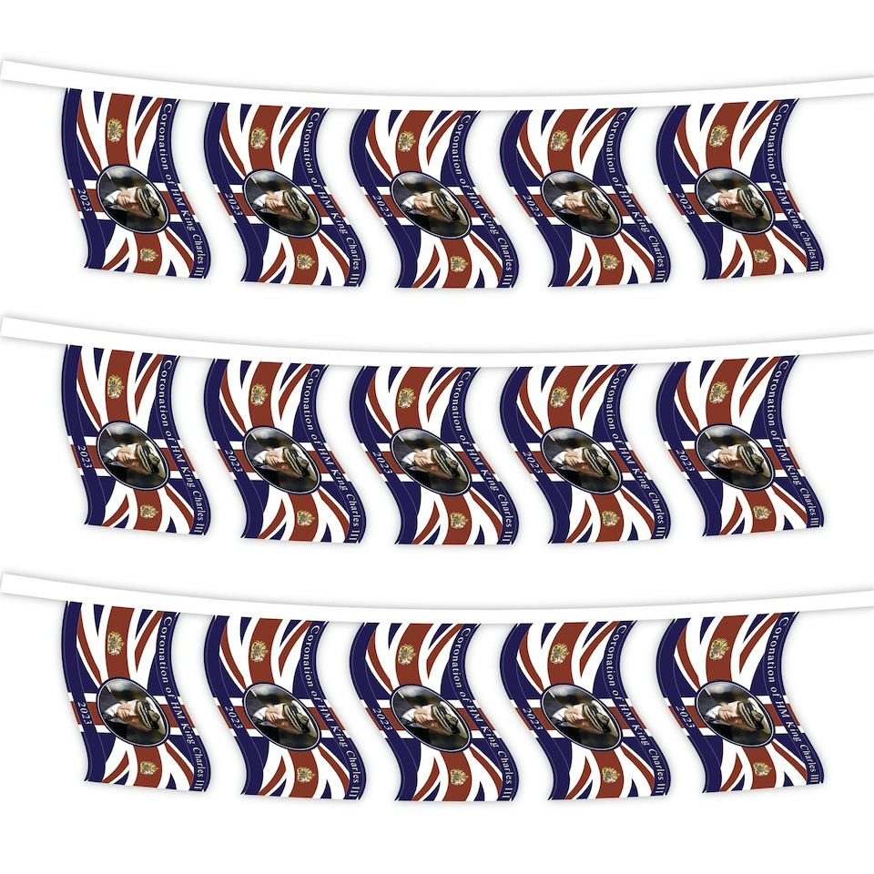image 1 of Polyester 20m Bunting King Charles III Portrait 48 Union Jack Flags Coronation | Multi