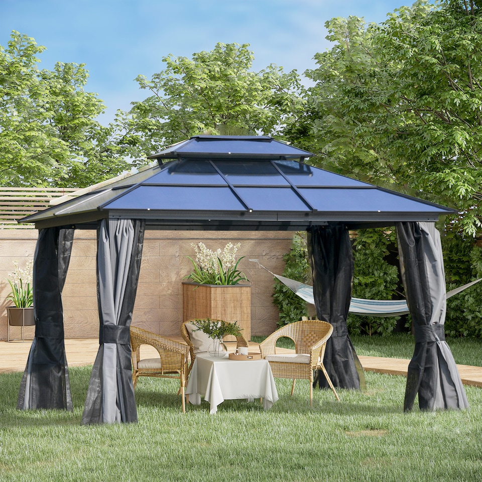 image 1 of Outsunny 3 x 3.6m Polycarbonate Hardtop Gazebo Canopy with DoubleTier Roof and Aluminium Frame, Garden Pavilion with Mosquito Netting and Curtains