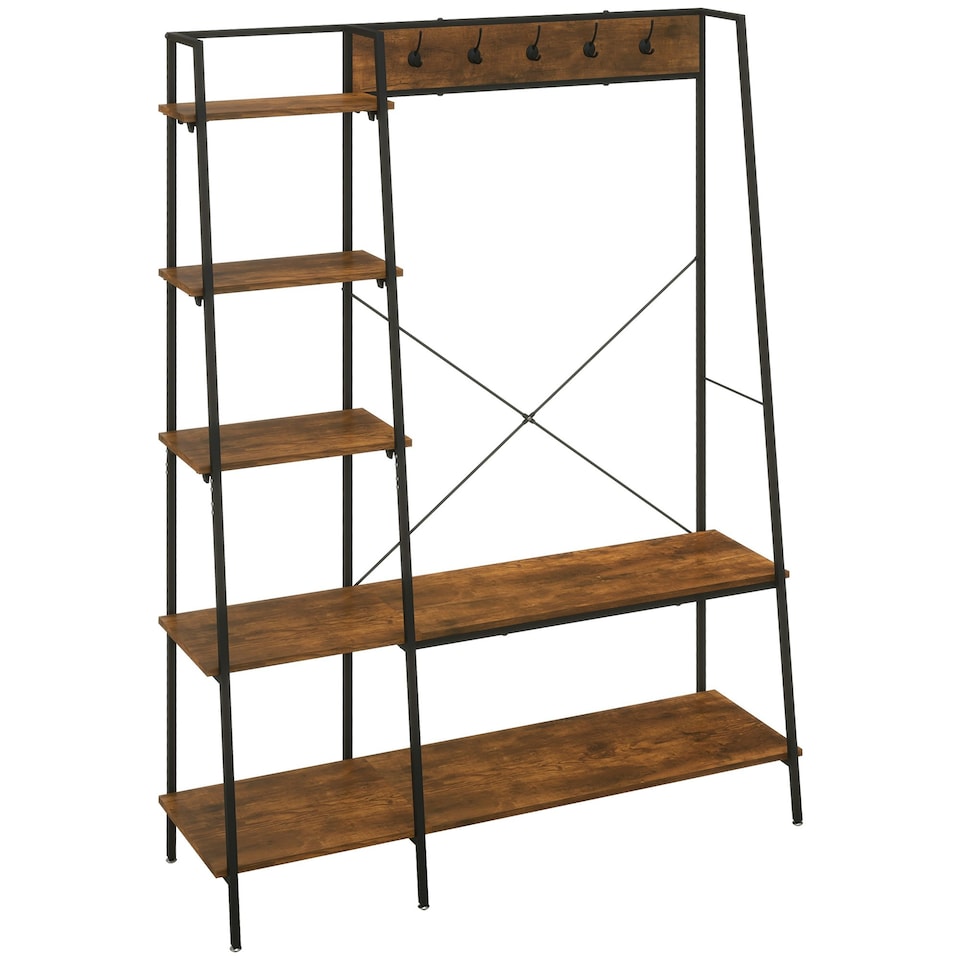 image 1 of HOMCOM Coat Rack, Coat Stand with Shoe Storage, 5 Hooks Brown