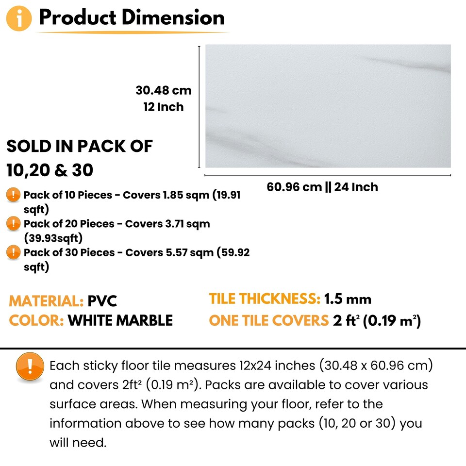 image 1 of NOVECRAFTO Vinyl Floor Tiles Self Adhesive – 12x24in Peel and Stick Waterproof Rectangular Flooring for Kitchen & Bathroom – White Marble Effect Design White | 1.85 sqm