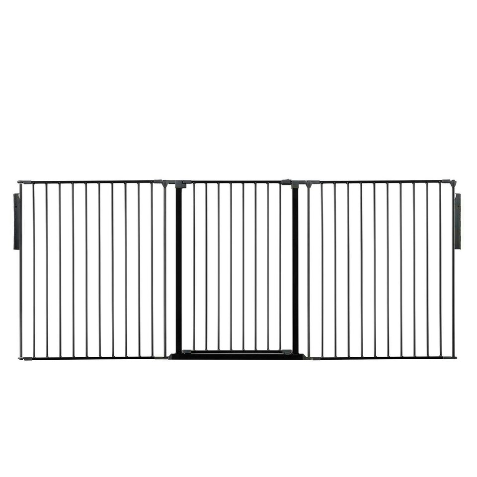 image 1 of Safetots Premium Extra Tall Room Divider, up to 226cm Wide, Black, 105cm Tall, Multi Panel Flexible Room Barrier, Room Divider with Door for Baby Black