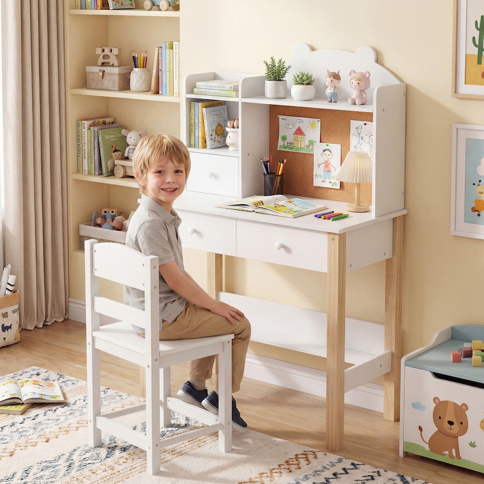 image 1 of COSTWAY Wooden Kids Study Desk and Chair Set