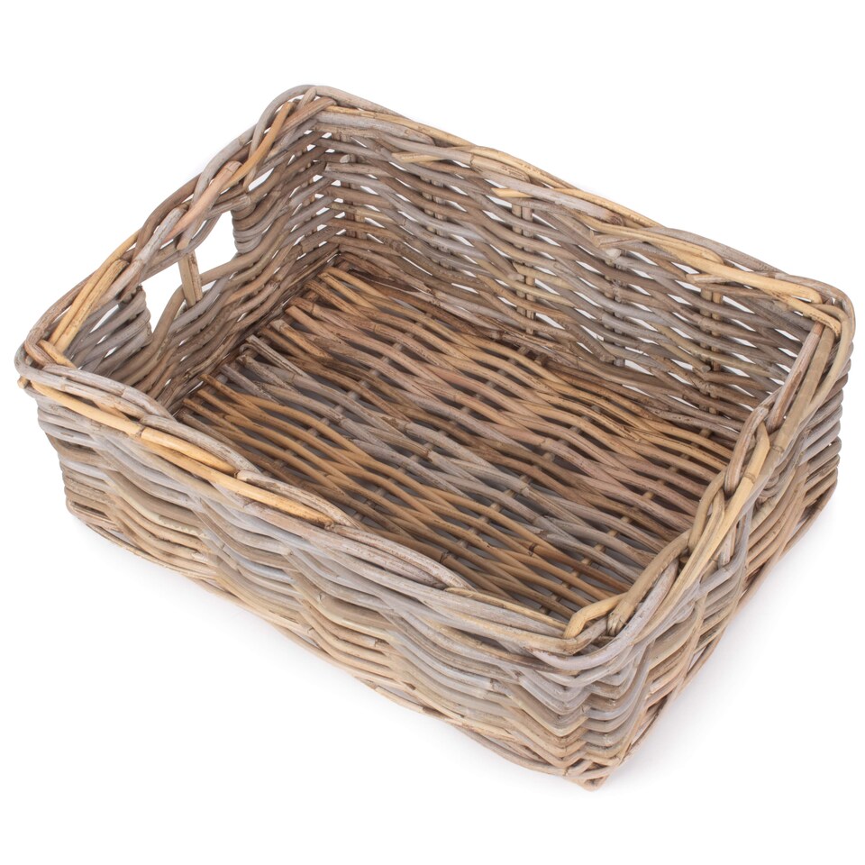 image 1 of Large Shallow Kubu Grey Rattan Rectangular Basket | Grey | Grey