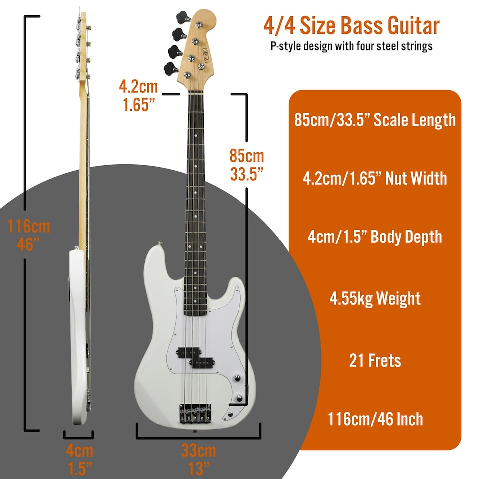 image 1 of 3rd Avenue Electric Bass Guitar Pack with Amp White