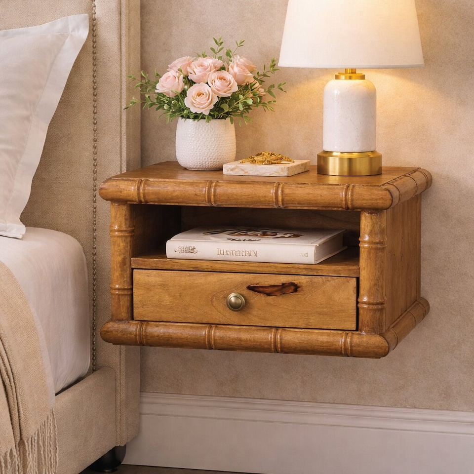 image 1 of Artisan Furniture Solid Wood Bamboo Open Bedside in Amber Oak Finish, 1 Drawer & 1 Shelf, Brown