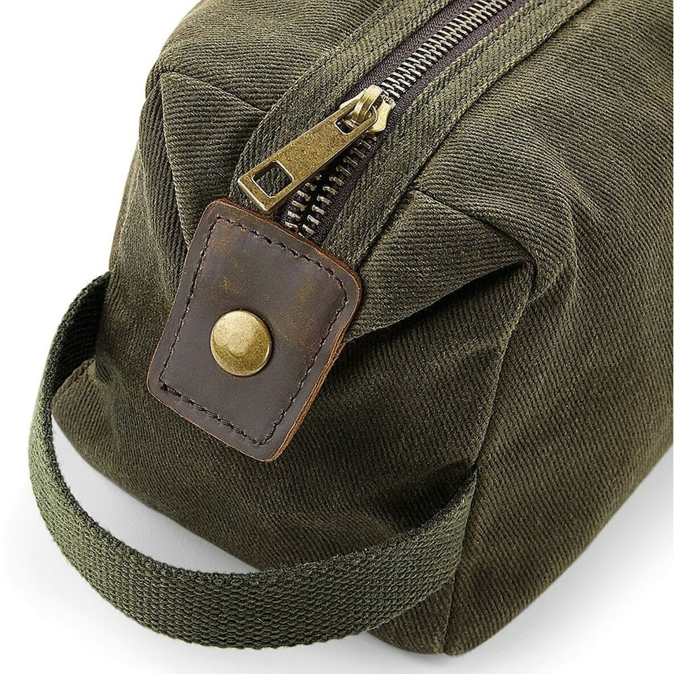image 1 of Quadra Heritage Leather Accented Waxed Canvas Wash Bag - Olive Green - One Size | Green
