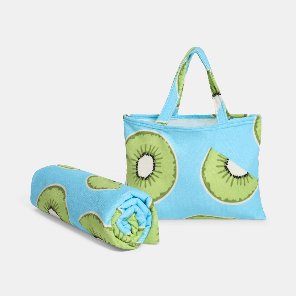 image 1 of OHS Tropical Fruit Beach Towel with Bag Quick Dry Absorbent Travel Spa | Blue | Kiwis | One size
