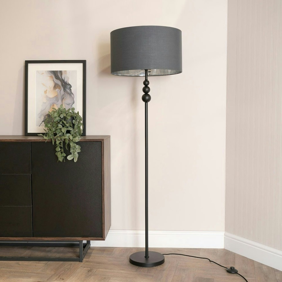 image 1 of ValueLights Marissa Black Stacked Ball Floor Lamp with Charcoal with Chrome Inner Lamp Shade and LED Bulb