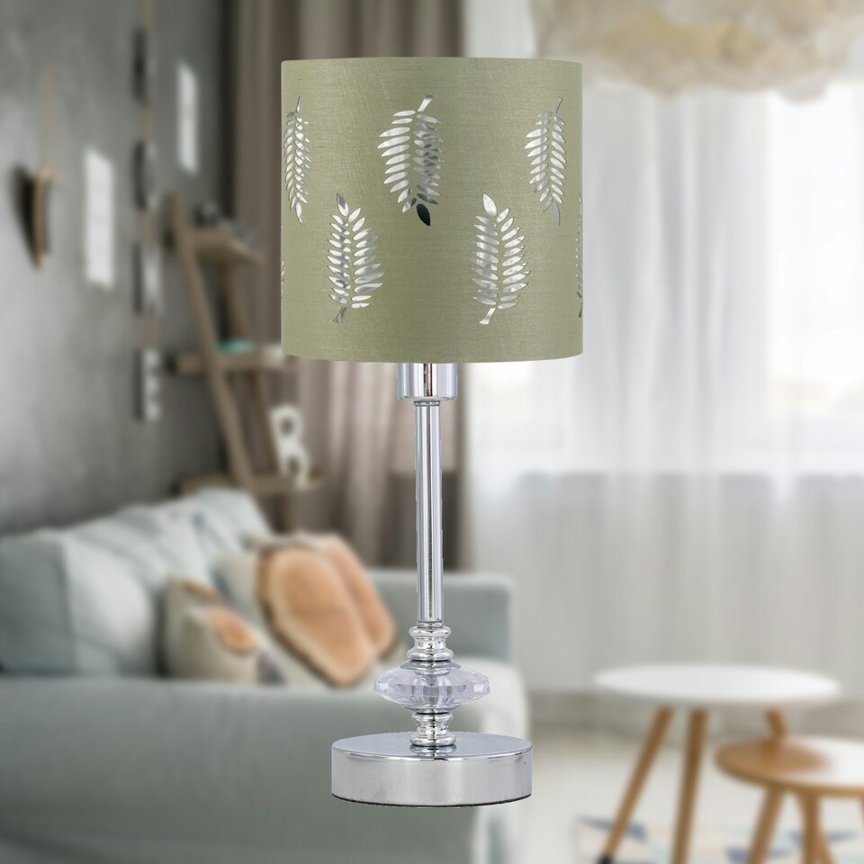 image 1 of Chrome Jewelled Table Lamp with Sage Green Fern Shade Chrome | Green