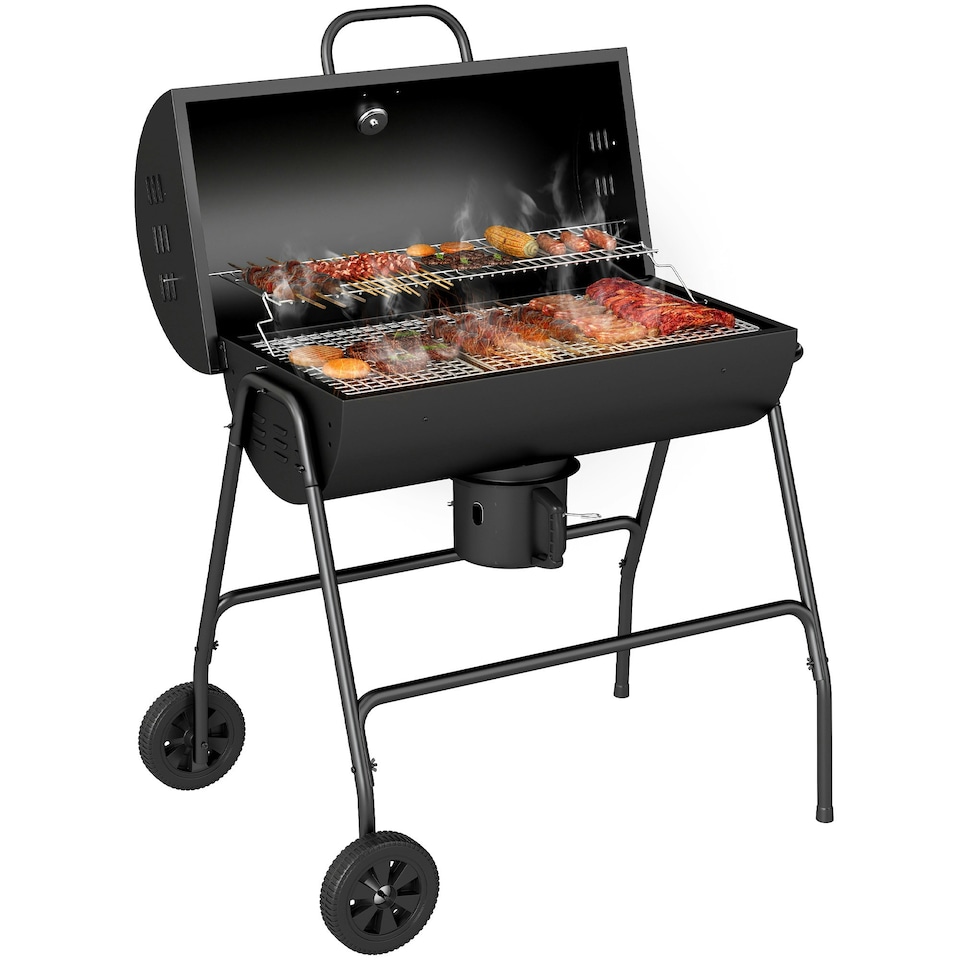 image 1 of Outsunny Barrel Charcoal Barbecue BBQ Grill Trolley W/ Ash Catcher Thermometer