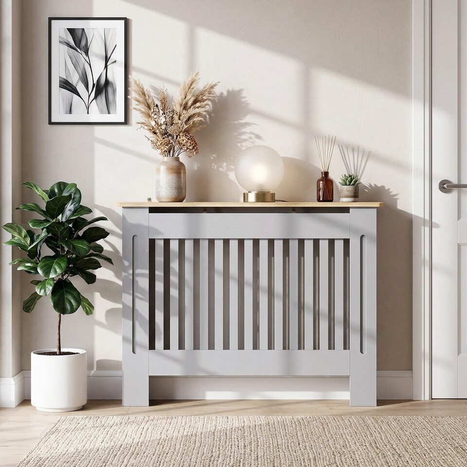 image 1 of HOMCOM Radiator Cover Painted Slatted MDF Cabinet Lined Grill 112x19x81cm