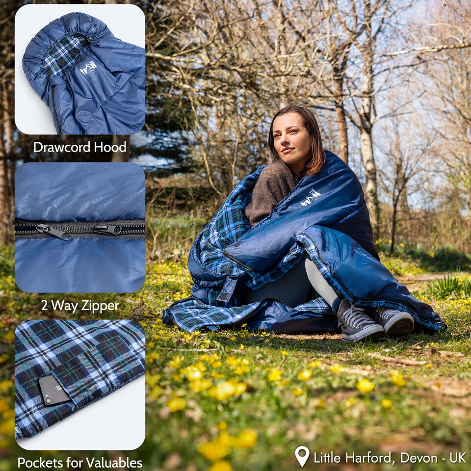 image 1 of Trail Cotton Single Sleeping Bag Luxury Flannel Lined 3 to 4 Season with Bag | Blue | Single | 1