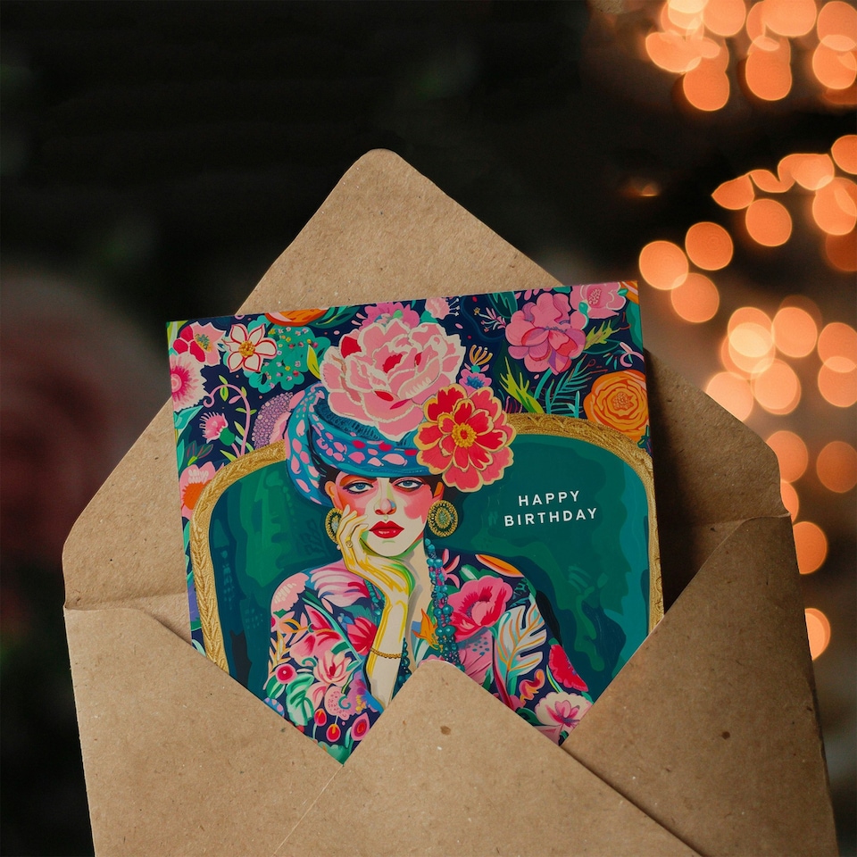 image 1 of Flower Pattern Floral Fashion Portrait For Her Birthday Card