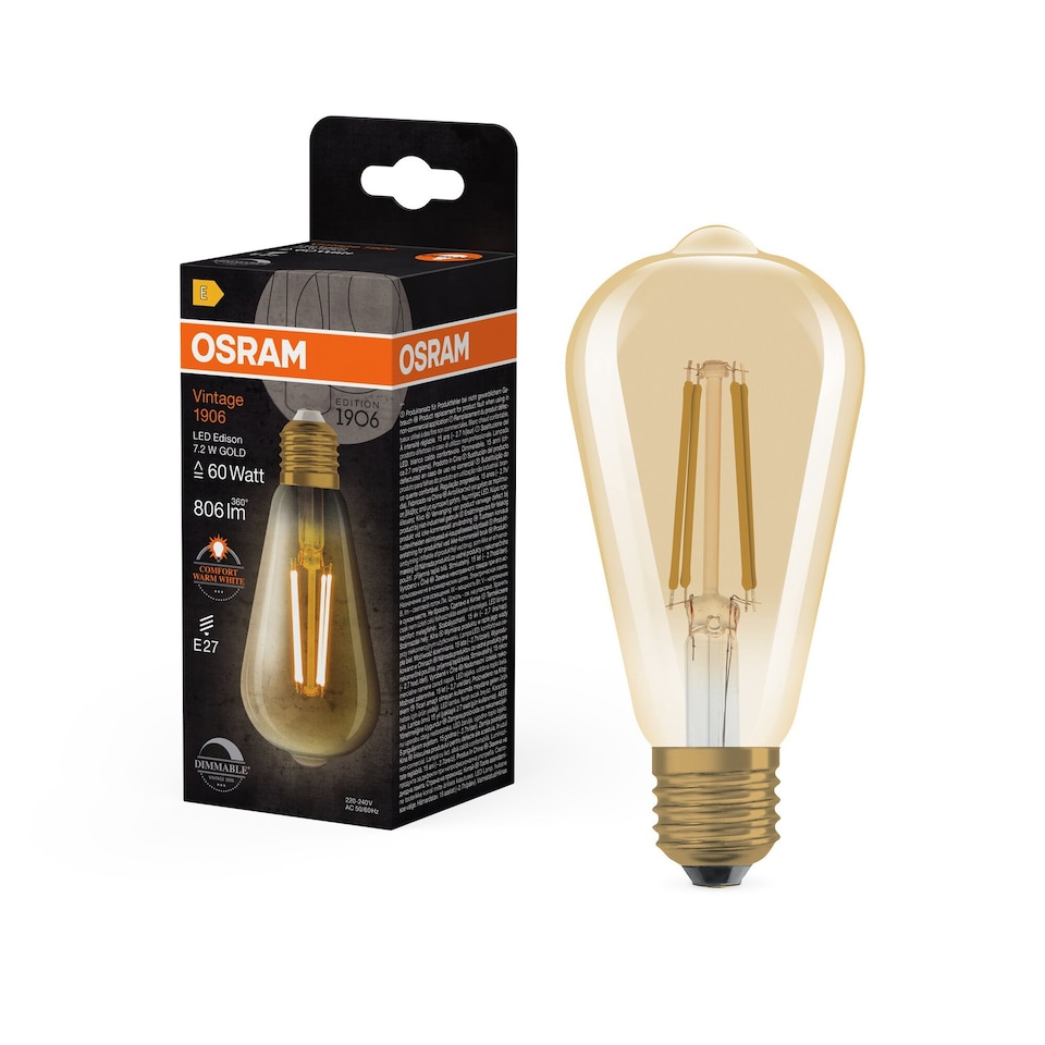 image 1 of Osram Vintage 1906 Edison 60 Filament DIM Lamp 7.2W 824 Gold E27 4 Pack