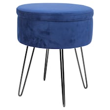 Harbour Housewares Round Velvet Storage Footstool - H45 x D36cm - Blue/Black | Blue | Blue/Black