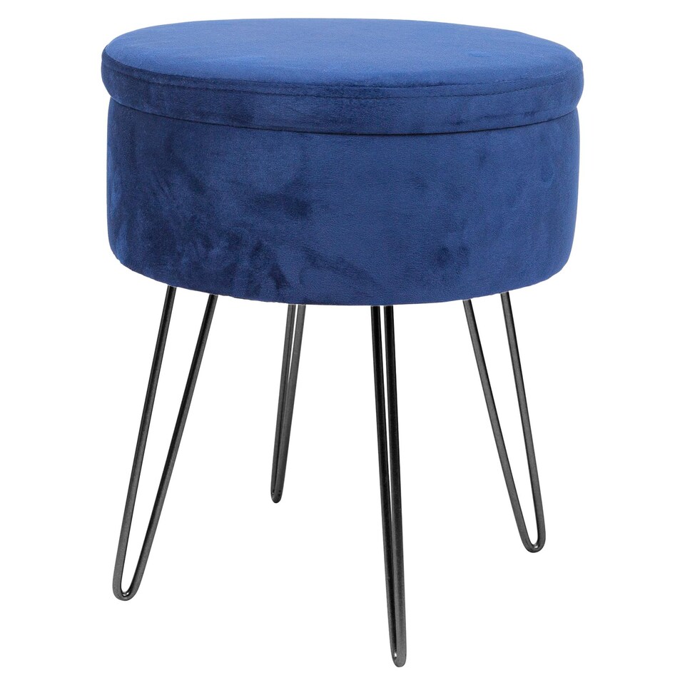 image 1 of Harbour Housewares Round Velvet Storage Footstool - H45 x D36cm - Blue/Black | Blue | Blue/Black