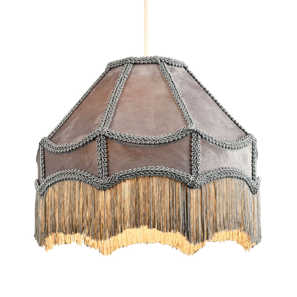 image 1 of Traditional Victorian Empire Lampshade in Soft Dove Grey Velvet with Tassels | Grey | Grey | 1