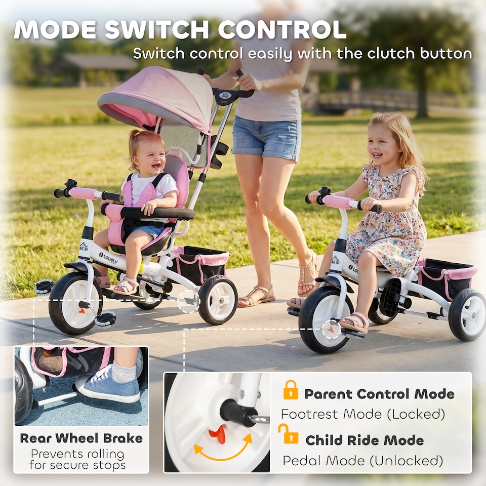 image 1 of HOMCOM 6 in 1 Baby Trike, Kids Trike, Stroller with Parent Handle, Pink
