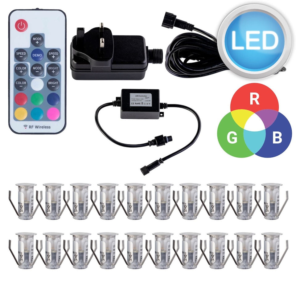image 1 of Set of 20 - 15mm Stainless Steel IP67 Colour Changing LED Decking Kit | Chrome | Clear | 20
