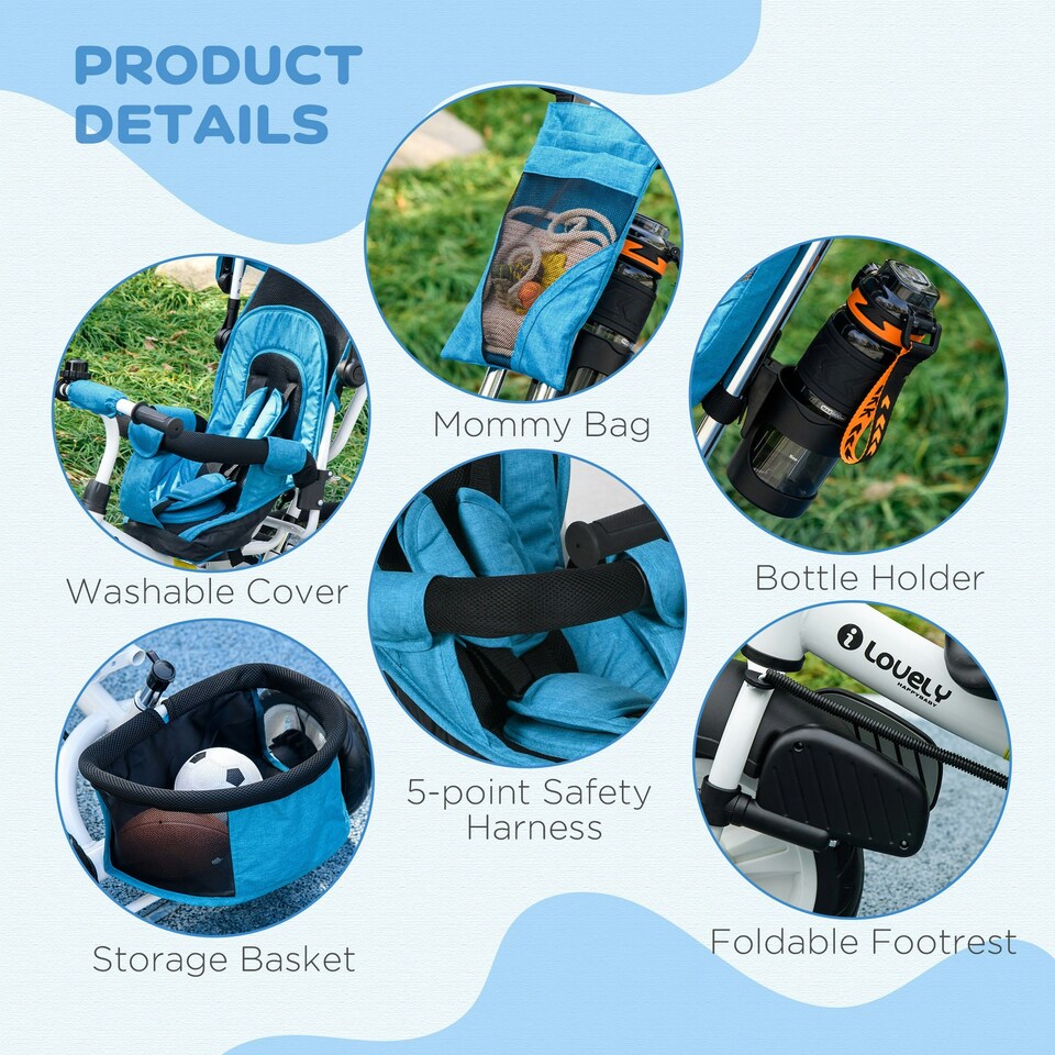 image 1 of HOMCOM 4 in 1 Kids Trike, Stroller with Parent Handle, Blue