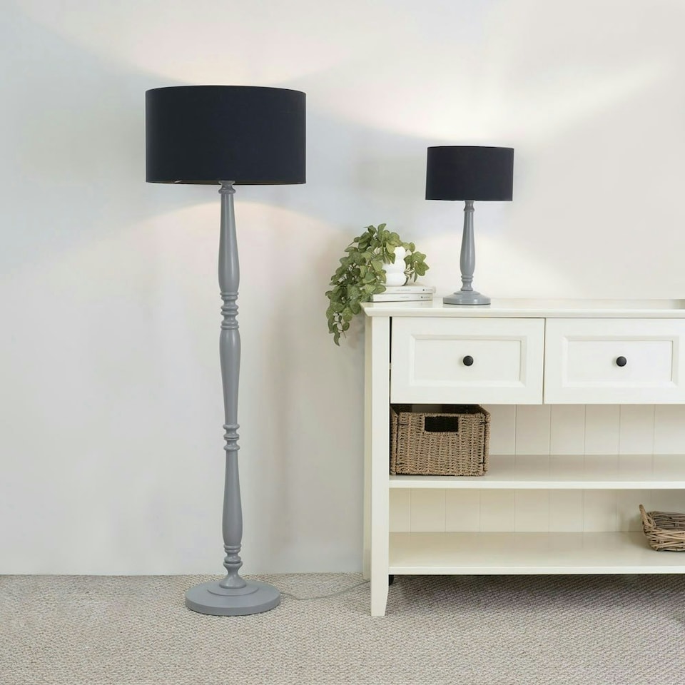 image 1 of ValueLights Victoria Grey Wood Traditional Stem Table Lamp with Black Fabric Drum Shade