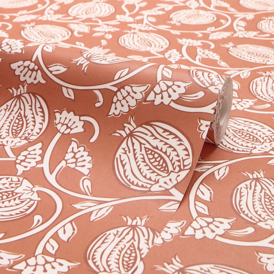 image 1 of Pomegranate Passion Wallpaper in Terracotta | Orange | Light, Orange | 50cm x 10m