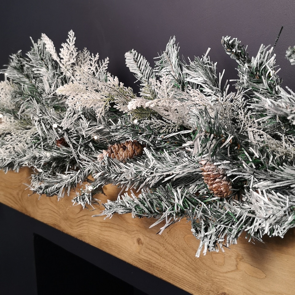 image 1 of 1.8m Snowy Christmas Garland with Pinecones 96 Tips and 50 Warm White LED Lights