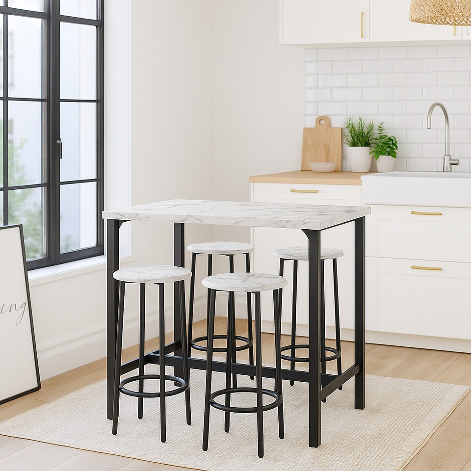 image 1 of CANCUN Bar Table & Stools Set Kitchen Dining Breakfast Industrial Furniture | Multi | 5 Piece White Marble
