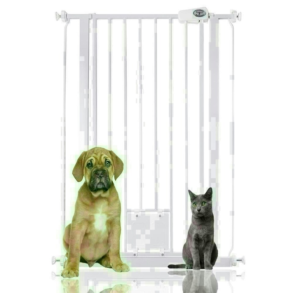 image 1 of Bettacare Pet Gate with Lockable Cat Flap, 75cm - 84cm, White, 104cm in Height