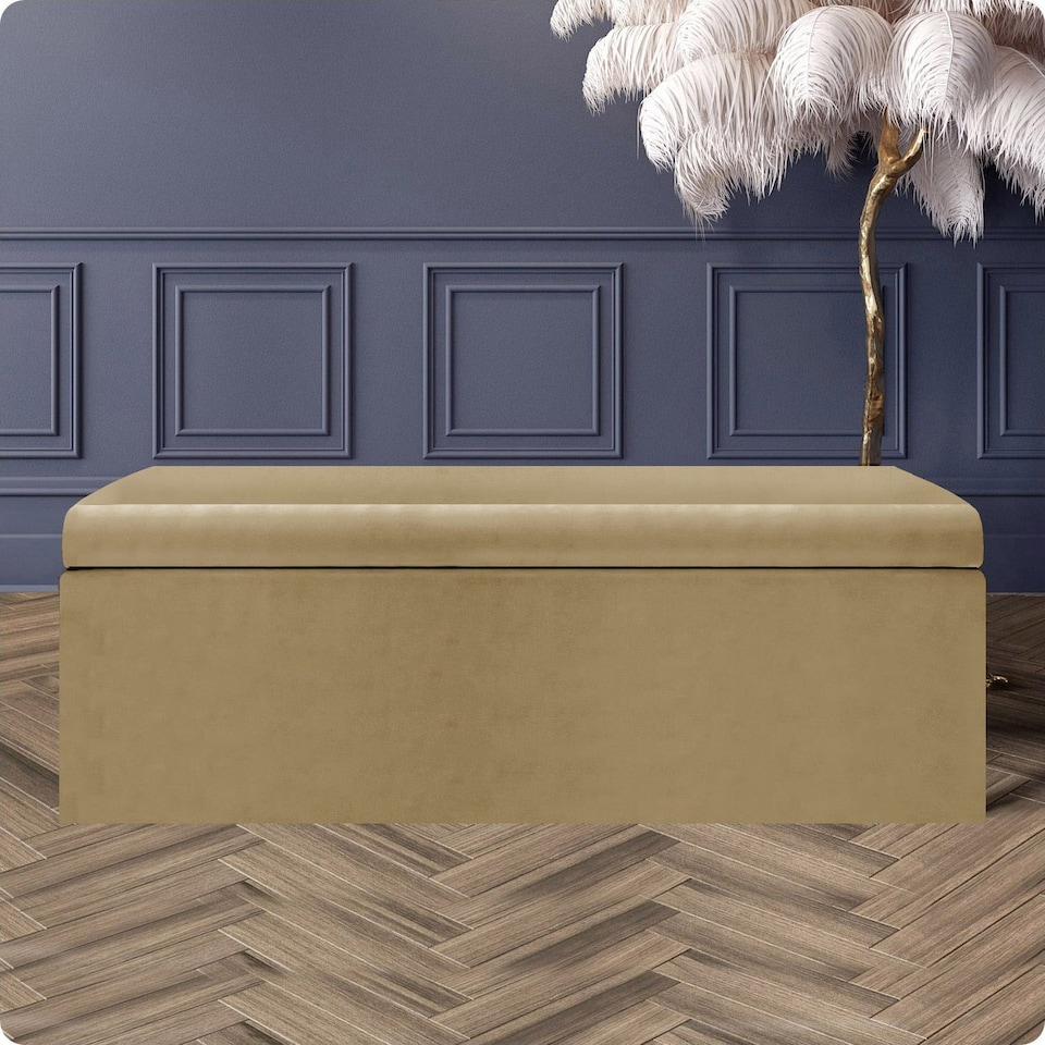 image 1 of 90cm Large Plain Safar Storage Ottoman Box, Mink Plush Velvet Upholstered Deep Storage Ottoman End of Bed Bench
