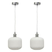 Set of 2 Bento - White Ribbed Glass Chrome Retro Pendant Fittings