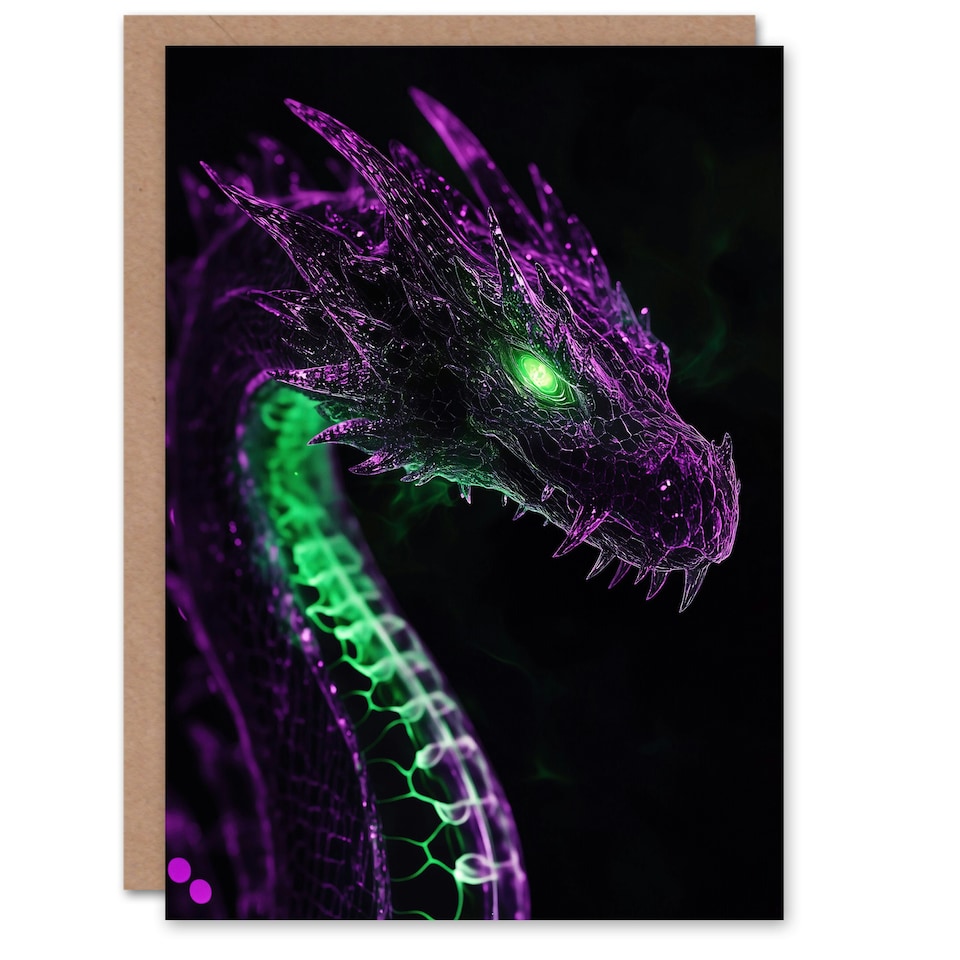 image 1 of Dragon Head Neon Purple Green Fantasy Concept Art Birthday Greeting Card