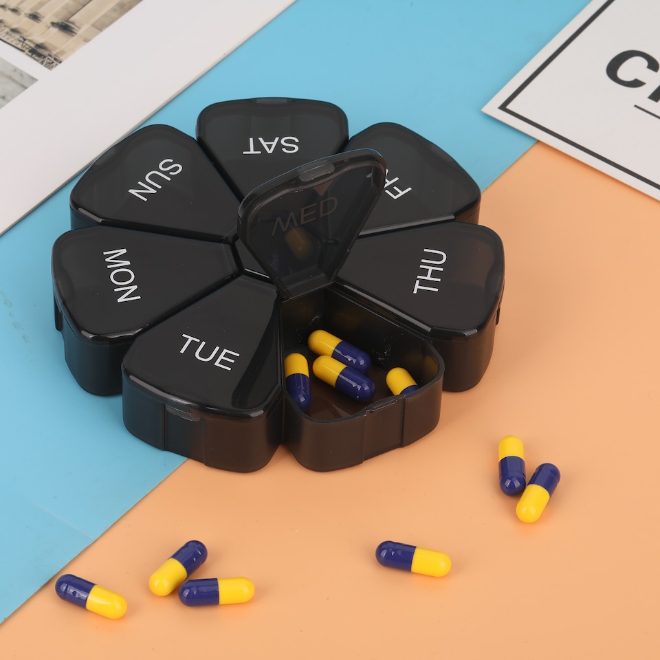 image 1 of Black Weekly Pill Box, Pill Organiser with Weekday Labels