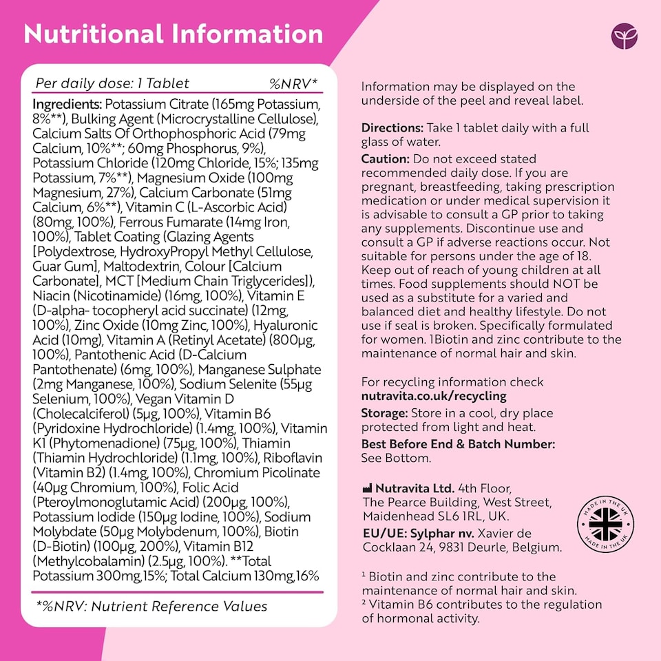 image 1 of Nutravita Multivitamin for Women - Essentials Womens Vitamins and Minerals with Hyaluronic Acid for Hair, Skin and Immune System - 60 Vegan Tablets