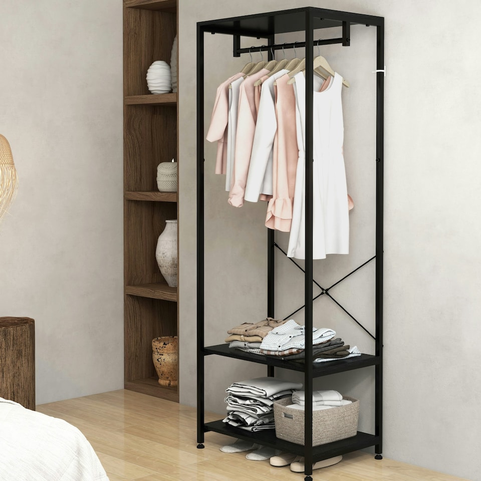 image 1 of HOMCOM Coat Rack, 2-in-1 Clothes Stand with Shoe Storage for Hallway, Black