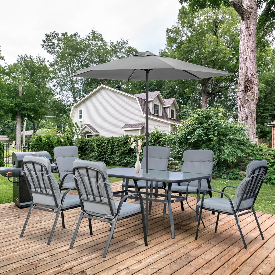 image 1 of Outsunny 7 Pieces Garden Dining Set, Outdoor Rectangular Dining Table and 6 Cushioned Armchairs, Tempered Glass Top Table w Umbrella Hole, Texteline Seats, Grey