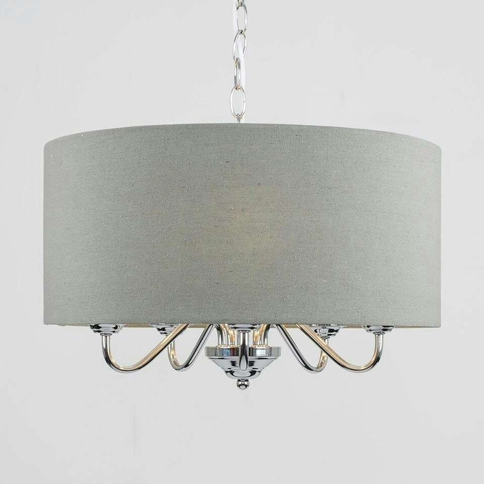 image 1 of ValueLights 5 Way Chrome Silver Pendant Ceiling Light Grey Linen Shade