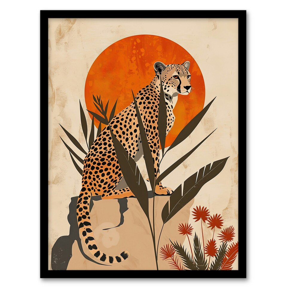 image 1 of Cheetah atop a Rock Boho Sunset Sun Jungle Black Framed Wall Art Print A4